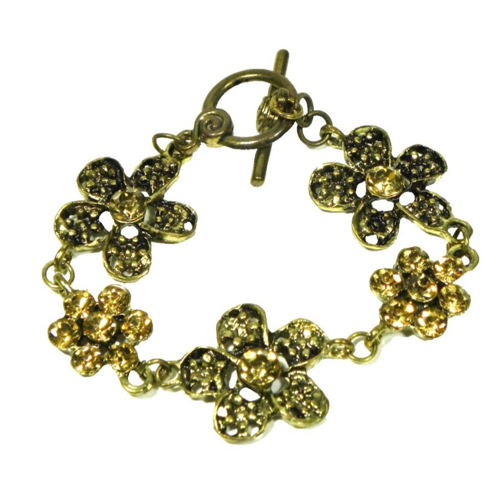 Rhinestone Flower Bracelet Bronze Tone Link Textured Peach Textured